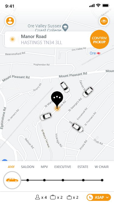 Carmiles rideshare mobile app showing a pickup confirmation on a map